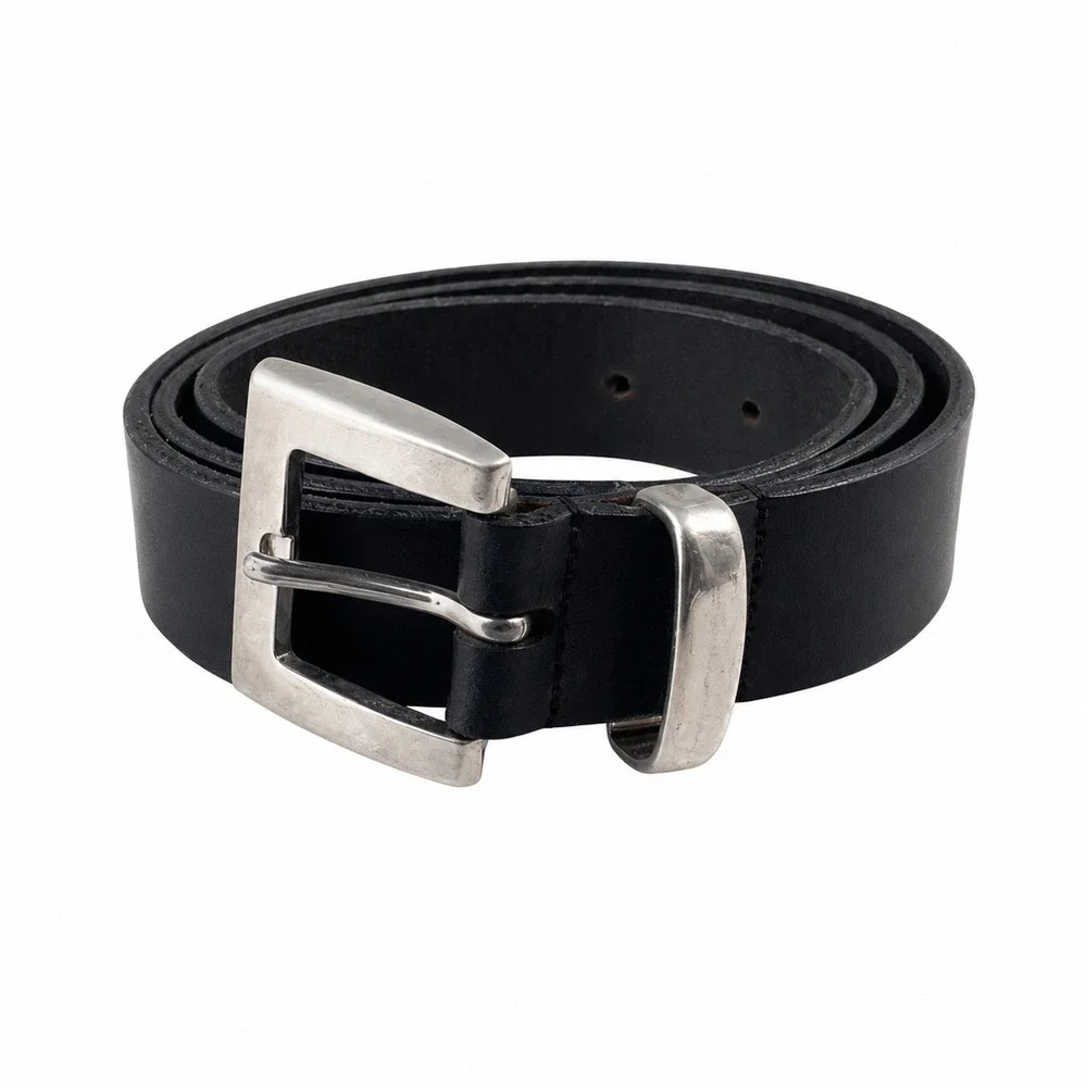 New York & Company Black Genuine Leather Belt Size L Made in Italy Silver